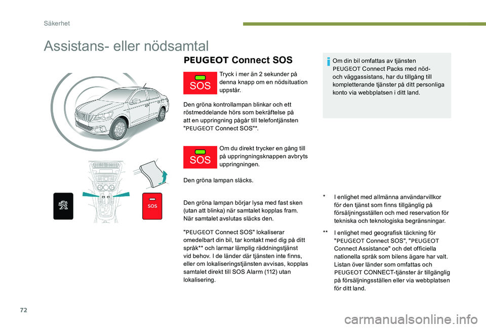 Peugeot 301 2017 Ägarmanual (in Swedish) 72
Assistans- eller nödsamtal
PEUGEOT Connect SOS
* I enlighet med allmänna användarvillkor
för den tjänst som finns tillgänglig på
försäljningsställen och med reservation för
tekniska o Peugeot 301 2017 Ägarmanual (in Swedish) 72
Assistans- eller nödsamtal
PEUGEOT Connect SOS
* I enlighet med allmänna användarvillkor
för den tjänst som finns tillgänglig på
försäljningsställen och med reservation för
tekniska o