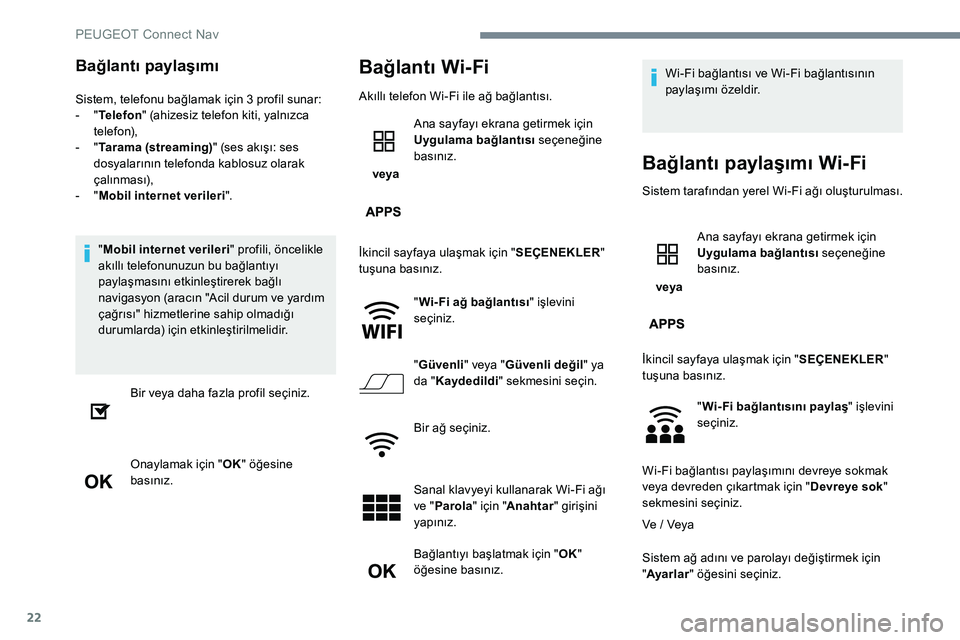 Peugeot 301 2017  Kullanım Kılavuzu (in Turkish) 22
Bağlantı paylaşımı
Sistem, telefonu bağlamak için 3 profil sunar:
- " T
elefon " (ahizesiz telefon kiti, yalnızca 
telefon),
-
 
" T

arama (streaming) " (ses akışı: ses 