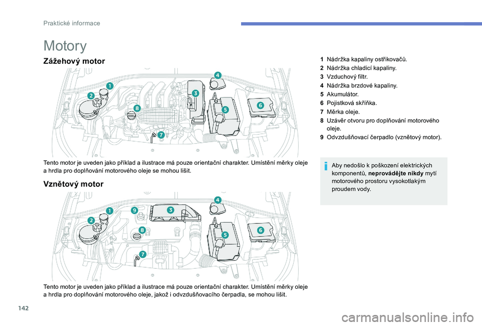 Peugeot 301 2017  Návod k obsluze (in Czech) 142
Motory
Zážehový motor
Tento motor je uveden jako příklad a ilustrace má pouze orientační charakter. Umístění měrky oleje 
a hrdla pro doplňování motorového oleje se mohou lišit.Ab