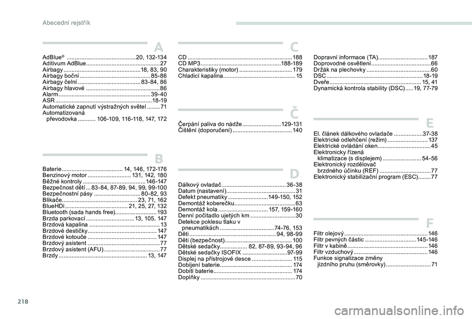 Peugeot 301 2017  Návod k obsluze (in Czech) 218
AdBlue®  ...........................................20, 132-13 4
Aditivum AdBlue .............................................. 2
7
Airbagy
 ...............

.................................18, 