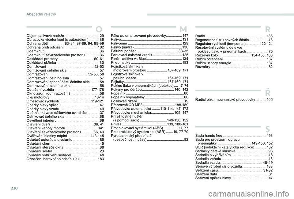Peugeot 301 2017  Návod k obsluze (in Czech) 220
Objem palivové nádrže .................................12 9
Obrazovka vícefunkční (s autorádiem)  .........18
6
Ochrana dětí
 ................8

3 - 84, 87- 89, 94, 98 -99
Ochrana proti o