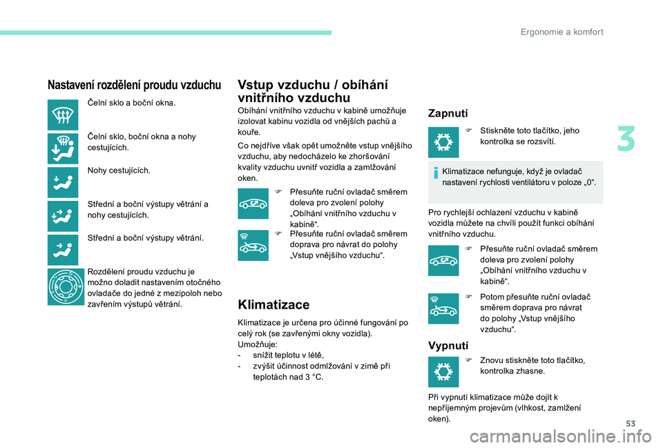 Peugeot 301 2017 Návod k obsluze (in Czech) 53
Nastavení rozdělení proudu vzduchu
Čelní sklo a boční okna.
Čelní sklo, boční okna a nohy
cestujících.
Nohy cestujících.
Střední a boční výstupy větrání a
nohy cestujícíc Peugeot 301 2017 Návod k obsluze (in Czech) 53
Nastavení rozdělení proudu vzduchu
Čelní sklo a boční okna.
Čelní sklo, boční okna a nohy
cestujících.
Nohy cestujících.
Střední a boční výstupy větrání a
nohy cestujícíc