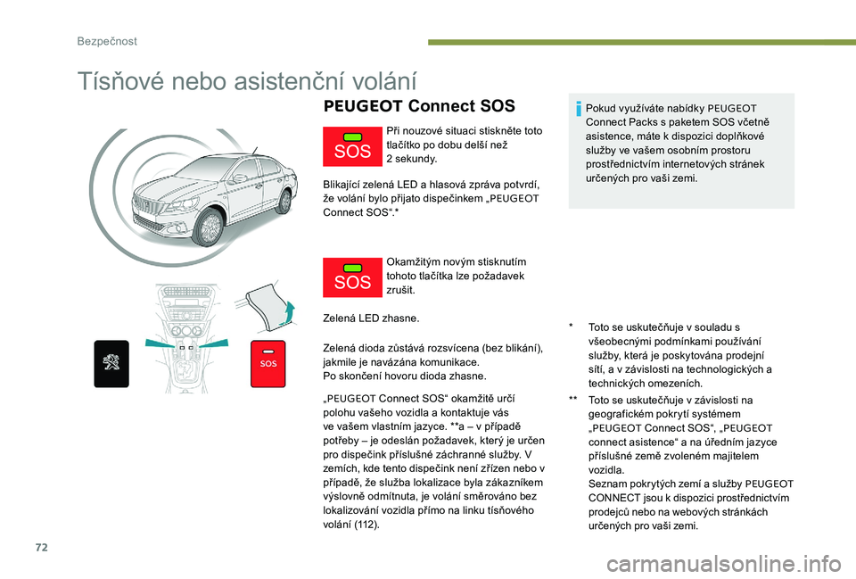 Peugeot 301 2017 Návod k obsluze (in Czech) 72
Tísňové nebo asistenční volání
PEUGEOT Connect SOS
* Toto se uskutečňuje v souladu s
všeobecnými podmínkami používání
služby, která je poskytována prodejní
sítí, a v závis Peugeot 301 2017 Návod k obsluze (in Czech) 72
Tísňové nebo asistenční volání
PEUGEOT Connect SOS
* Toto se uskutečňuje v souladu s
všeobecnými podmínkami používání
služby, která je poskytována prodejní
sítí, a v závis