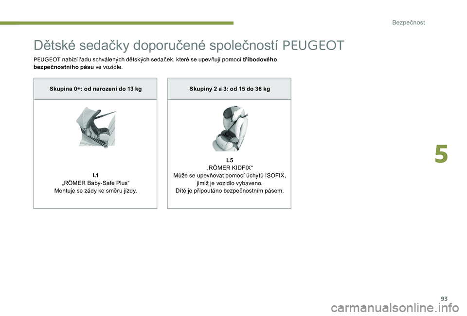 Peugeot 301 2017  Návod k obsluze (in Czech) 93
Dětské sedačky doporučené společností PEUGEOT
PEUGEOT nabízí řadu schválených dětských sedaček, které se upevňují pomocí tříbodového 
bezpečnostního pásu ve vozidle.
Skupin