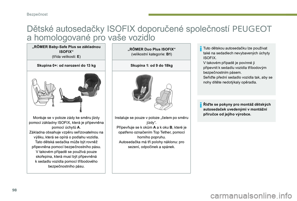 Peugeot 301 2017 Návod k obsluze (in Czech) 98
Dětské autosedačky ISOFIX doporučené společností PEUGEOT
a homologované pro vaše vozidlo
„RÖMER Baby- Safe Plus se základnou
ISOFIX“
(třída velikosti: E )
Skupina 0+: od narozen Peugeot 301 2017 Návod k obsluze (in Czech) 98
Dětské autosedačky ISOFIX doporučené společností PEUGEOT
a homologované pro vaše vozidlo
„RÖMER Baby- Safe Plus se základnou
ISOFIX“
(třída velikosti: E )
Skupina 0+: od narozen