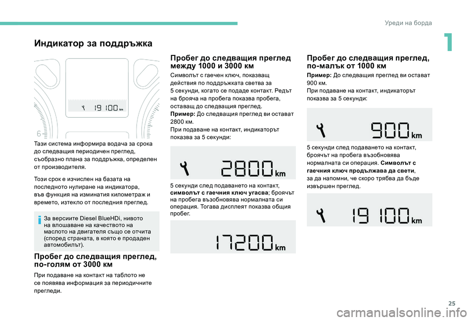 Peugeot 301 2017  Ръководство за експлоатация (in Bulgarian) 25
Индикатор за поддръжка
За версиите Diesel BlueHDi, нивото 
на влошаване на качеството на 
маслото на двигателя същ�