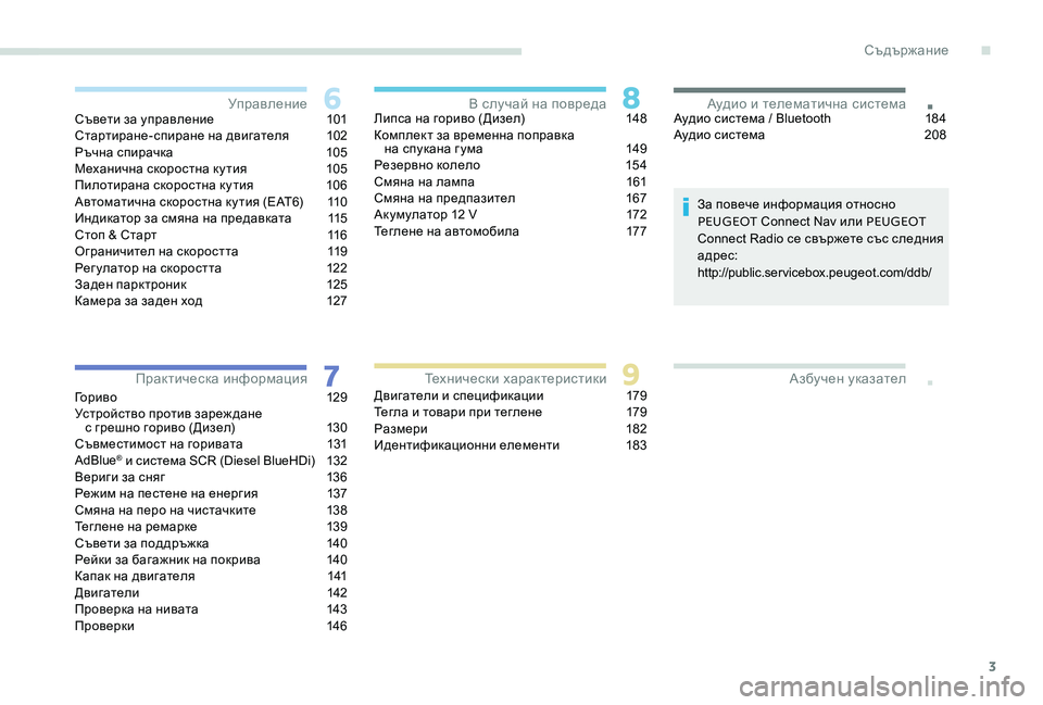 Peugeot 301 2017  Ръководство за експлоатация (in Bulgarian) 3
.
.Съвети за управление 101
Стартиране-спиране на двигателя 1 02
Pъчна спирачка
 
1
 05
Механична скоростна ку тия
 
