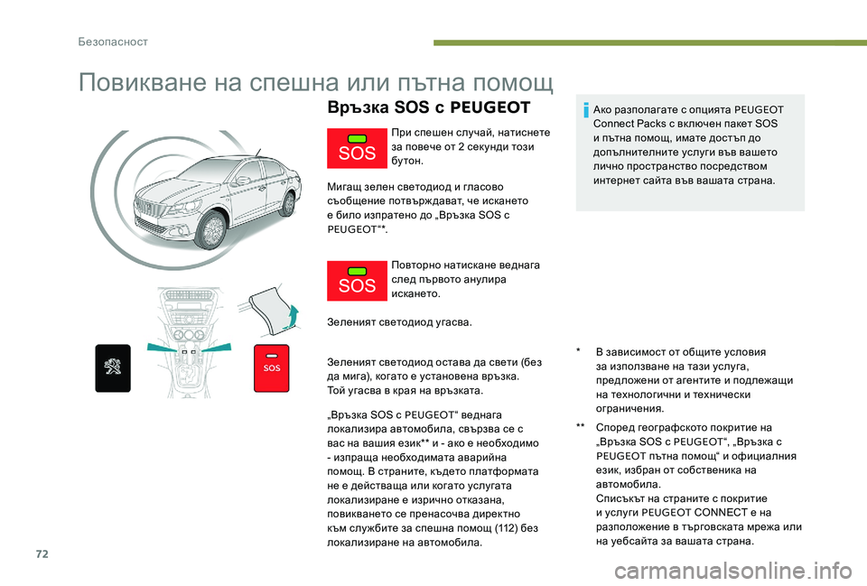 Peugeot 301 2017 Ръководство за експлоатация (in Bulgarian) 72
Повикване на спешна или пътна помощ
Връзка SOS с PEUGEOT
* В зависимост от общите условия
за използване на тази у Peugeot 301 2017 Ръководство за експлоатация (in Bulgarian) 72
Повикване на спешна или пътна помощ
Връзка SOS с PEUGEOT
* В зависимост от общите условия
за използване на тази у