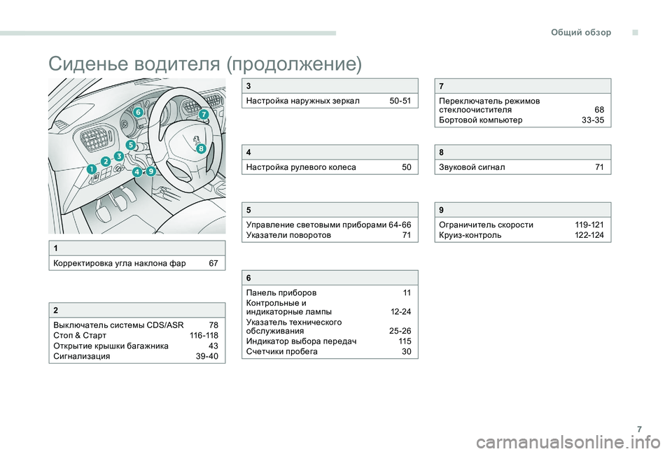 Peugeot 301 2017  Инструкция по эксплуатации (in Russian) 7
Сиденье водителя (продолжение)
1
Корректировка угла нак лона фар  
6
 7
2
Вык лючатель системы CDS/ASR  
7
 8
Стоп & Ста