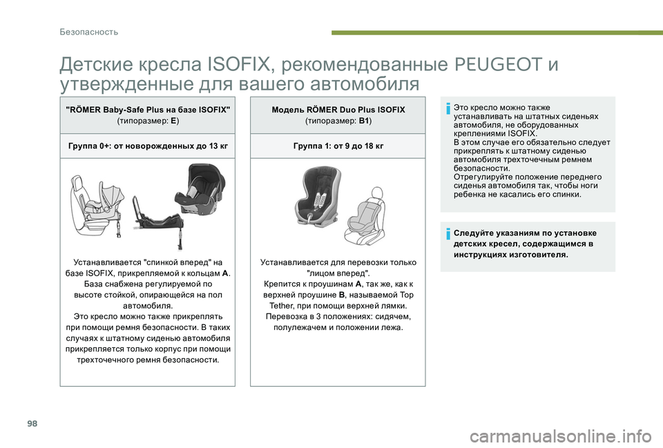 Peugeot 301 2017 Инструкция по эксплуатации (in Russian) 98
Детские кресла ISOFIX, рекомендованные PEUGEOT и
утвержденные для вашего автомобиля
"RÖMER Baby- Safe Plus на базе ISOFIX" Peugeot 301 2017 Инструкция по эксплуатации (in Russian) 98
Детские кресла ISOFIX, рекомендованные PEUGEOT и
утвержденные для вашего автомобиля
"RÖMER Baby- Safe Plus на базе ISOFIX"