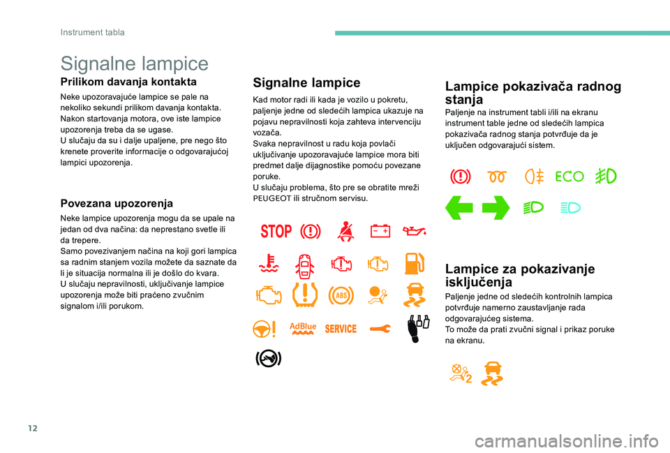 Peugeot 301 2017 Упутство за употребу (in Serbian) 12
Signalne lampice
Prilikom davanja kontakta
Neke upozoravajuće lampice se pale na
nekoliko sekundi prilikom davanja kontakta.
Nakon startovanja motora, ove iste lampice
upozorenja treba da se uga Peugeot 301 2017 Упутство за употребу (in Serbian) 12
Signalne lampice
Prilikom davanja kontakta
Neke upozoravajuće lampice se pale na
nekoliko sekundi prilikom davanja kontakta.
Nakon startovanja motora, ove iste lampice
upozorenja treba da se uga