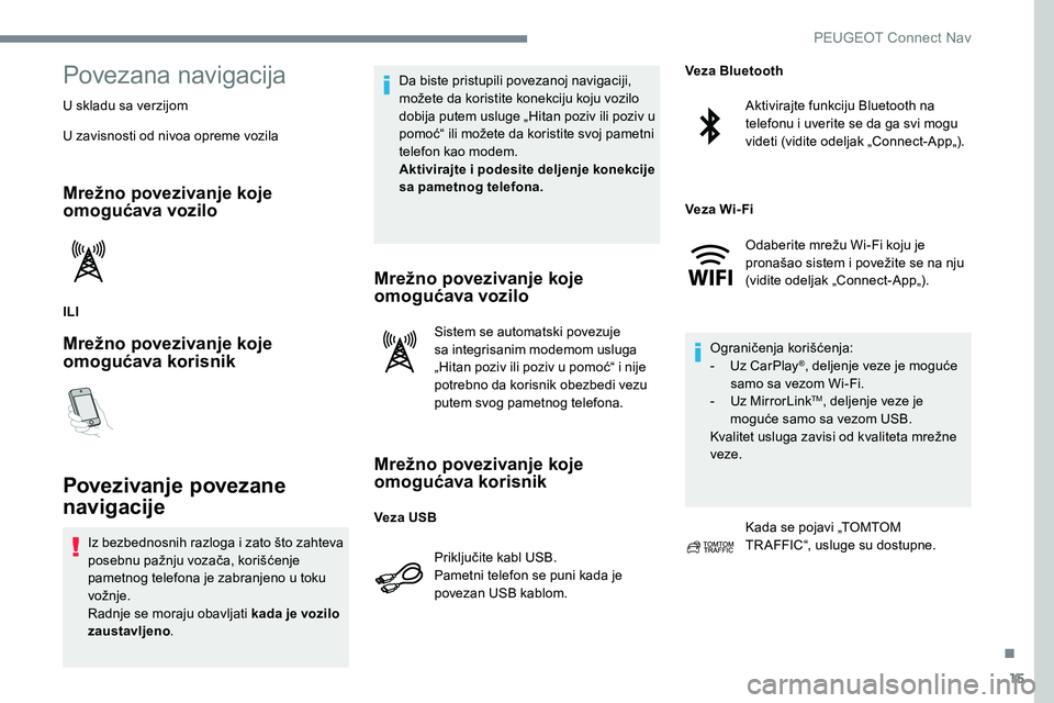 Peugeot 301 2017  Упутство за употребу (in Serbian) 15
Povezana navigacija
U skladu sa verzijom
U zavisnosti od nivoa opreme vozila
Mrežno povezivanje koje 
omogućava vozilo
ILI
Mrežno povezivanje koje 
omogućava korisnik
Povezivanje povezane 
navi