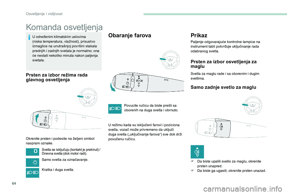 Peugeot 301 2017  Упутство за употребу (in Serbian) 64
Komanda osvetljenja
U određenim klimatskim uslovima 
(niska temperatura, vlažnost), prisustvo 
izmaglice na unutrašnjoj površini stakala 
prednjih i zadnjih svetala je normalno; ona 
će nestat