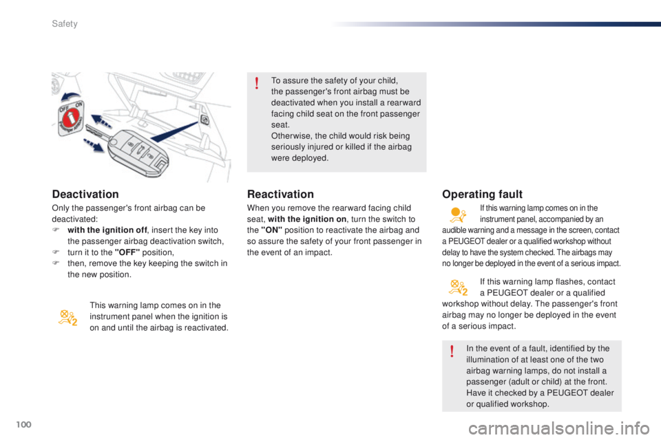 Peugeot 301 2015 Owners Manual 100
301_en_Chap07_securite_ed01-2014
Deactivation
This warning lamp comes on in the
instrument panel when the ignition is
on and until the airbag is reactivated.To assure the safety of your child,
Peugeot 301 2015 Owners Manual 100
301_en_Chap07_securite_ed01-2014
Deactivation
This warning lamp comes on in the
instrument panel when the ignition is
on and until the airbag is reactivated.To assure the safety of your child,