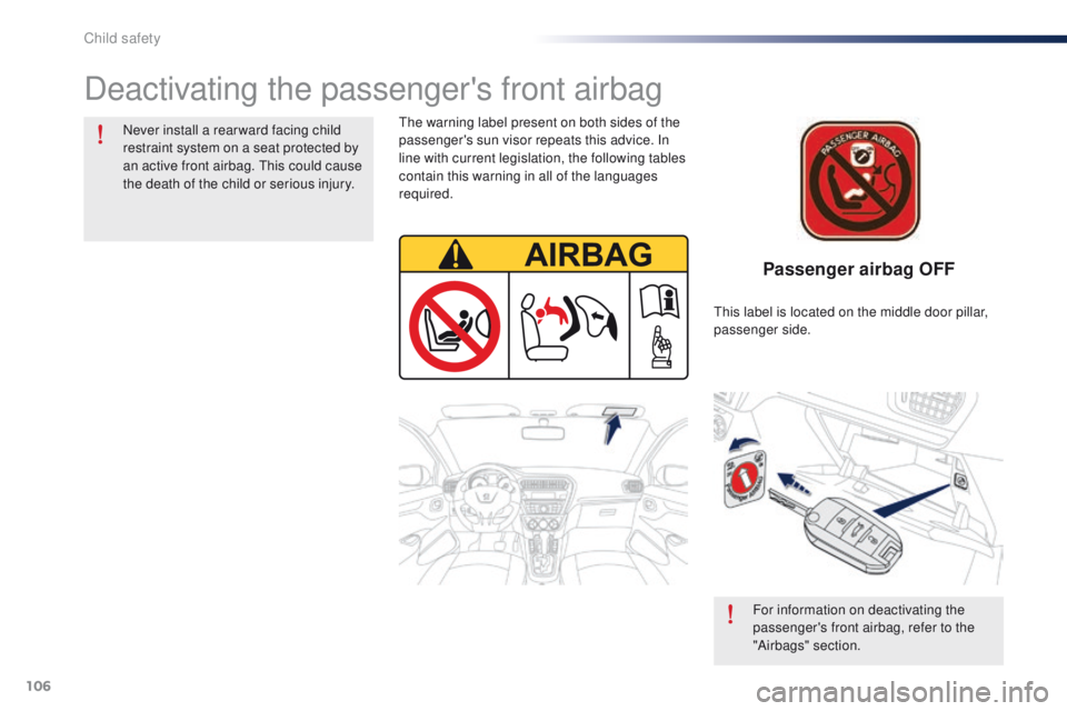 Peugeot 301 2015  Owners Manual 106
301_en_Chap08_securite-enfants_ed01-2014
Passenger airbag OFF
Deactivating the passenger's front airbag
Never install a rear ward facing child 
restraint system on a seat protected by 
an acti