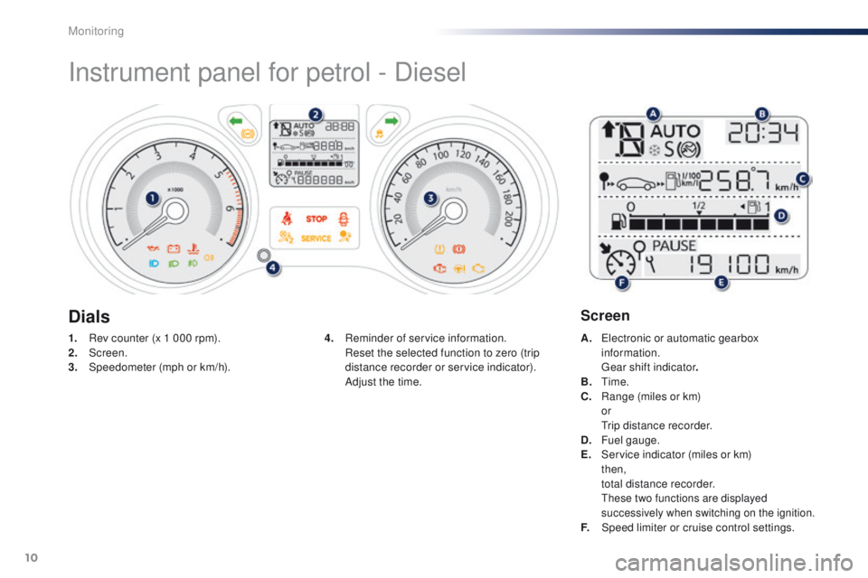 Peugeot 301 2015  Owners Manual 10
Instrument panel for petrol - Diesel
1. Rev counter (x 1 000 rpm).
2. Screen.
3.
 Spe

edometer (mph or km/h). A. E
lectronic or automatic gearbox 
information.
 G

ear shift indicator.
B.
 

Time.