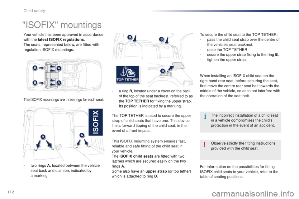 Peugeot 301 2015 Owners Manual 112
301_en_Chap08_securite-enfants_ed01-2014
Your vehicle has been approved in accordance
with the latest ISOFIX regulations.
The seats, represented below, are fitted with
regulation ISOFIX mounting Peugeot 301 2015 Owners Manual 112
301_en_Chap08_securite-enfants_ed01-2014
Your vehicle has been approved in accordance
with the latest ISOFIX regulations.
The seats, represented below, are fitted with
regulation ISOFIX mounting