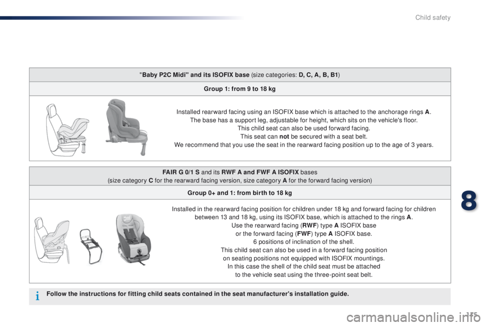 Peugeot 301 2015 Owners Manual 115
301_en_Chap08_securite-enfants_ed01-2014
"Baby P2C Midi" and its ISOFIX base (size categories: D, C, A, B, B1 )
Group 1: from 9 to 18 kg
Installed rear ward facing using an ISOFIX base whi Peugeot 301 2015 Owners Manual 115
301_en_Chap08_securite-enfants_ed01-2014
"Baby P2C Midi" and its ISOFIX base (size categories: D, C, A, B, B1 )
Group 1: from 9 to 18 kg
Installed rear ward facing using an ISOFIX base whi