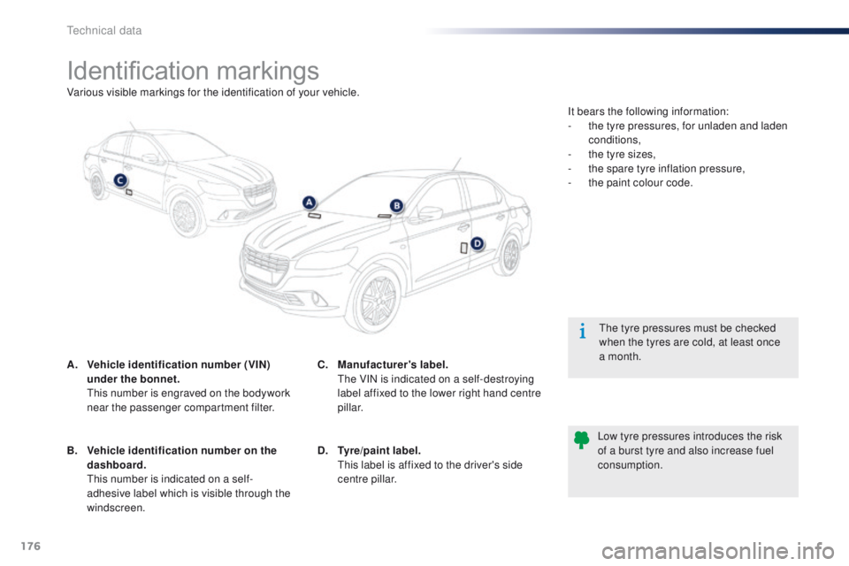 Peugeot 301 2015  Owners Manual 176
301_en_Chap11_caracteristiques-techniques_ed01-2014
Identification markings
A. Vehicle identification number (VIN) under the bonnet.  
 T

his number is engraved on the bodywork 
near the passenge