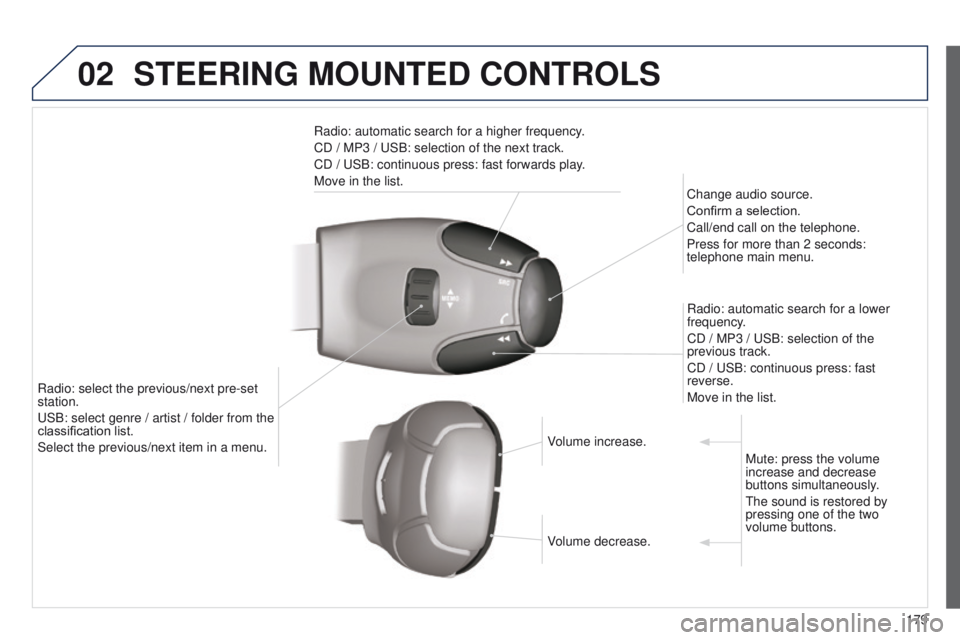 Peugeot 301 2015  Owners Manual 02
179
301_en_Chap12a_RD5(RD45)_ed01-2014
STEERING MOUNTED CONTROLS
Radio: automatic search for a higher frequency.
CD / MP3  / USB: selection of the next track.
CD / USB: continuous press: fast forwa