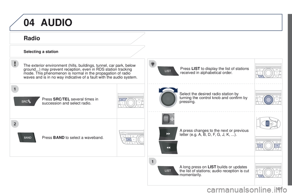 Peugeot 301 2015 Owners Manual 04
181
301_en_Chap12a_RD5(RD45)_ed01-2014
AUDIO
Press SRC/TEL several times in
succession and select radio.
Press BAND to select a waveband. Press LIST
to display the list of stations
received in a Peugeot 301 2015 Owners Manual 04
181
301_en_Chap12a_RD5(RD45)_ed01-2014
AUDIO
Press SRC/TEL several times in
succession and select radio.
Press BAND to select a waveband. Press LIST
to display the list of stations
received in a