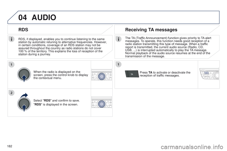 Peugeot 301 2015  Owners Manual 04
TA
182
301_en_Chap12a_RD5(RD45)_ed01-2014
RDS, if displayed, enables you to continue listening to the same 
station by automatic retuning to alternative frequencies. However, 
in certain conditions