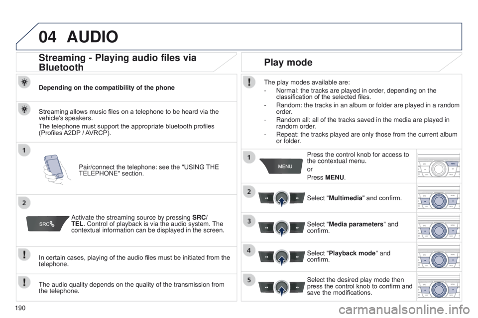 Peugeot 301 2015 Owners Manual 04
190
301_en_Chap12a_RD5(RD45)_ed01-2014
AUDIO
Streaming - Playing audio files via
Bluetooth
Depending on the compatibility of the phonePair/connect the telephone: see the "USING THE
TELEPHONE& Peugeot 301 2015 Owners Manual 04
190
301_en_Chap12a_RD5(RD45)_ed01-2014
AUDIO
Streaming - Playing audio files via
Bluetooth
Depending on the compatibility of the phonePair/connect the telephone: see the "USING THE
TELEPHONE&