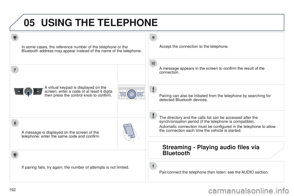 Peugeot 301 2015 Owners Manual 05
192
301_en_Chap12a_RD5(RD45)_ed01-2014
USING THE TELEPHONE
A virtual keypad is displayed on the
screen: enter a code of at least 4 digits
then press the control knob to confirm.
A message is di Peugeot 301 2015 Owners Manual 05
192
301_en_Chap12a_RD5(RD45)_ed01-2014
USING THE TELEPHONE
A virtual keypad is displayed on the
screen: enter a code of at least 4 digits
then press the control knob to confirm.
A message is di