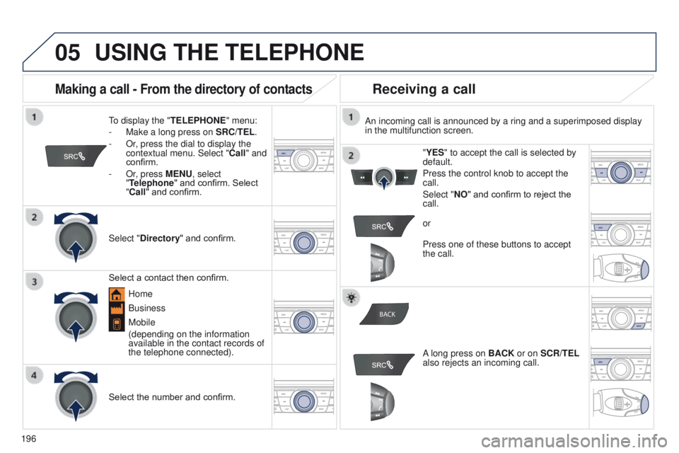 Peugeot 301 2015 Owners Manual 05
BACK
196
301_en_Chap12a_RD5(RD45)_ed01-2014
USING THE TELEPHONE
To display the " TELEPHONE" menu:
-
Make a long press on SRC/TEL
.
-
Or
, press the dial to display the
context Peugeot 301 2015 Owners Manual 05
BACK
196
301_en_Chap12a_RD5(RD45)_ed01-2014
USING THE TELEPHONE
To display the " TELEPHONE" menu:
-
Make a long press on SRC/TEL
.
-
Or
, press the dial to display the
context