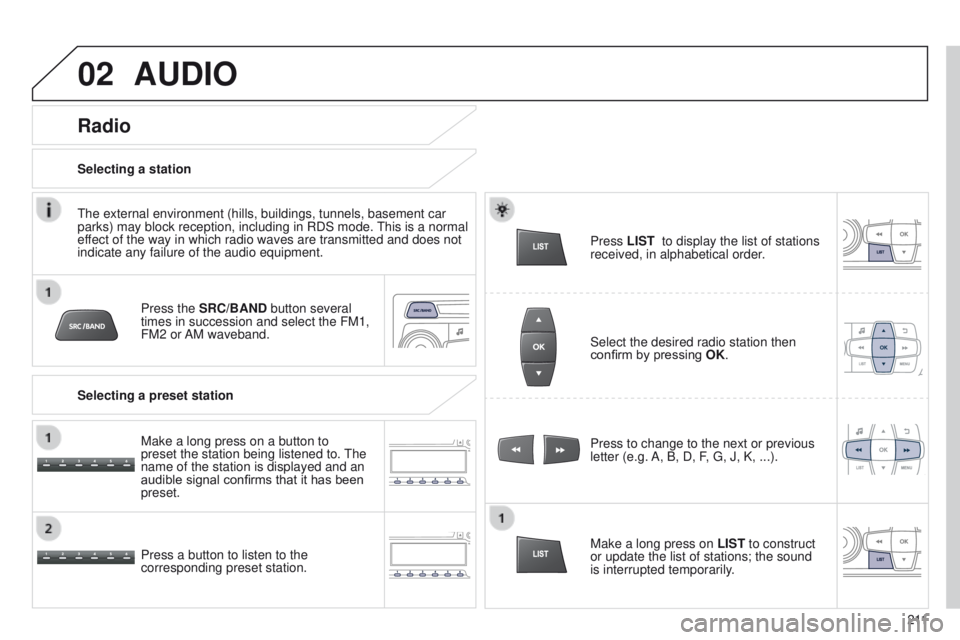 Peugeot 301 2015 Owners Manual 02
2 11
301_en_Chap12b_RDE1_ed01-2014
AUDIO
Press the SRC/BAND button several
times in succession and select the FM1,
FM2 or AM waveband.
Press a button to listen to the
corresponding preset statio Peugeot 301 2015 Owners Manual 02
2 11
301_en_Chap12b_RDE1_ed01-2014
AUDIO
Press the SRC/BAND button several
times in succession and select the FM1,
FM2 or AM waveband.
Press a button to listen to the
corresponding preset statio