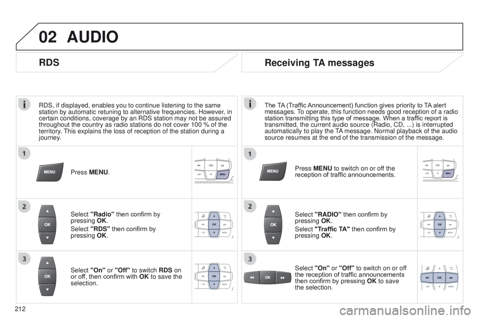 Peugeot 301 2015  Owners Manual 02
212
301_en_Chap12b_RDE1_ed01-2014
RDS, if displayed, enables you to continue listening to the same 
station by automatic retuning to alternative frequencies. However, in 
certain conditions, covera