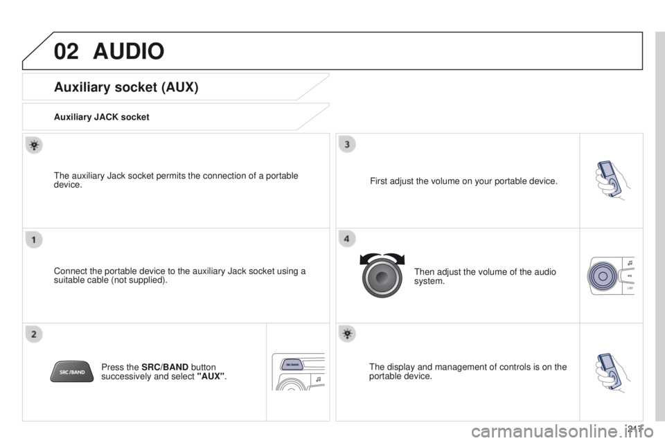 Peugeot 301 2015  Owners Manual 02
217
301_en_Chap12b_RDE1_ed01-2014
AUDIO
Auxiliary socket (AUX)
Auxiliary JACK socket
Connect the portable device to the auxiliary Jack socket using a 
suitable cable (not supplied). The auxiliary J