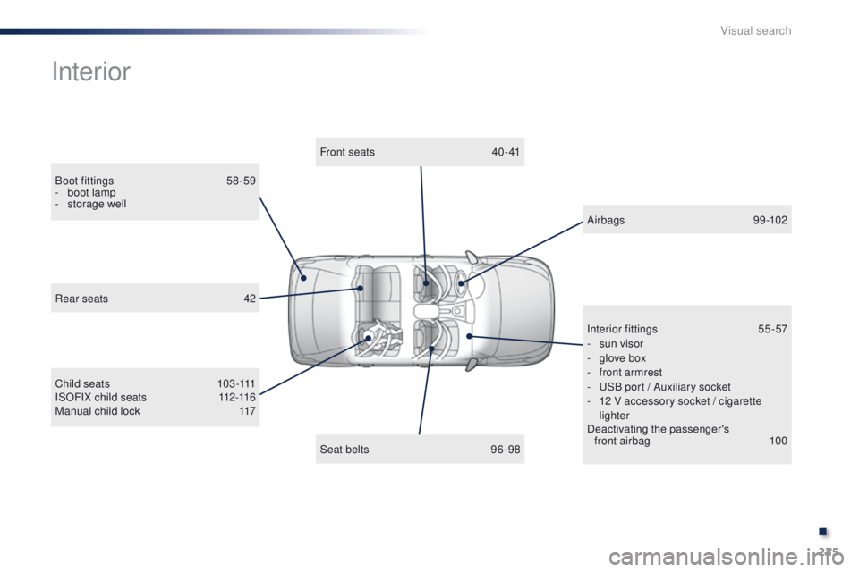 Peugeot 301 2015  Owners Manual 225
301_en_Chap13_recherche-visuelle_ed01-2014
Interior
Boot fittings 58 -59
-  b oot lamp
-
 s

torage well Front seats
 
4
 0 - 41
C h i l d  s e a t s
 1
 0 3 -111
ISOFIX child seats
 
1
 12-116
Ma