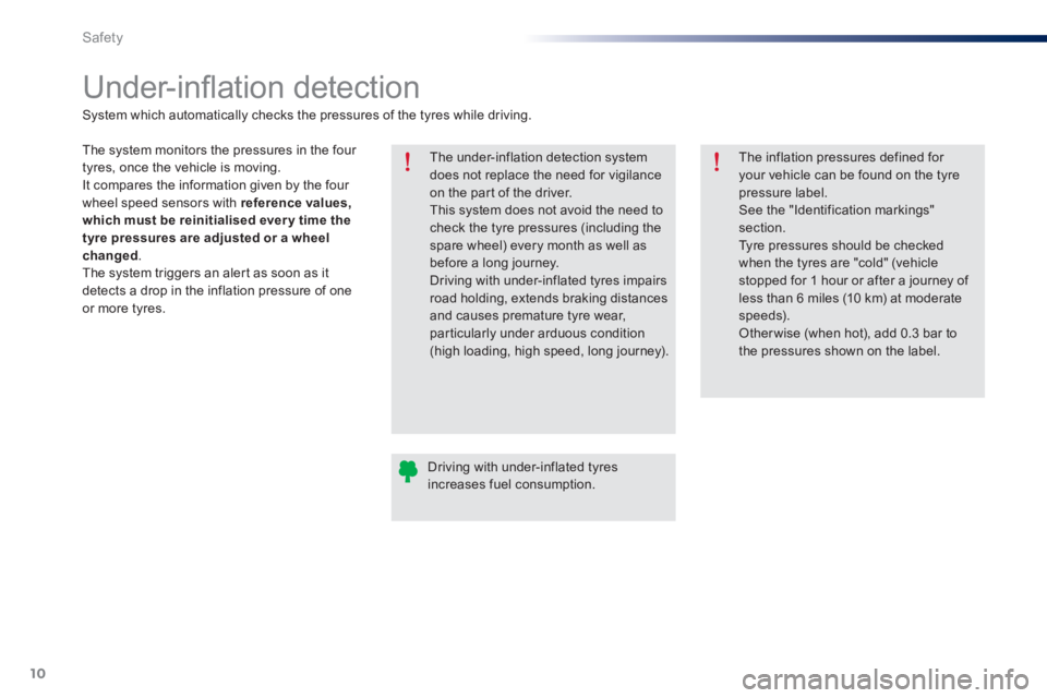 Peugeot 301 2015 Service Manual 10
Safety
301-add_en_Chap07_securite_ed01-2014
         Under-inﬂ ation detection  
  The under-inflation detection system does not replace the need for vigilance on the part of the driver.  This sy