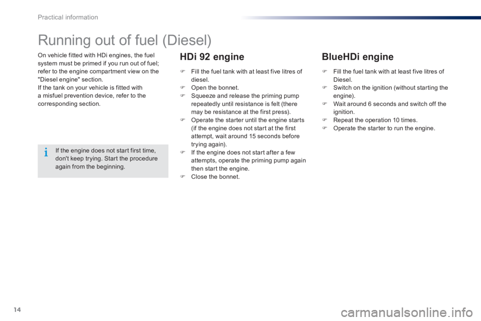 Peugeot 301 2015  Owners Manual 14
Practical information
301-add_en_Chap09_info-pratiques_ed01-2014
  On vehicle fitted with HDi engines, the fuel system must be primed if you run out of fuel; refer to the engine compartment view on