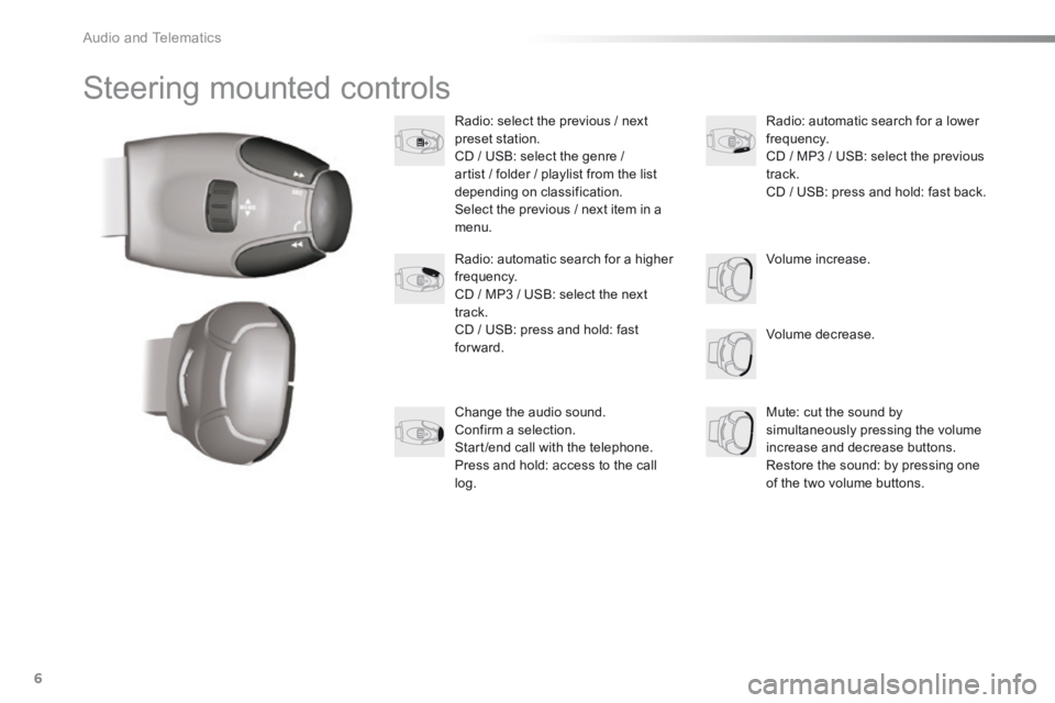 Peugeot 301 2015 Owners Manual Audio and Telematics
6
Steering mounted controls
Radio: select the previous / next preset station. CD / USB: select the genre / artist / folder / playlist from the list depending on c Peugeot 301 2015 Owners Manual Audio and Telematics
6
Steering mounted controls
Radio: select the previous / next preset station. CD / USB: select the genre / artist / folder / playlist from the list depending on c