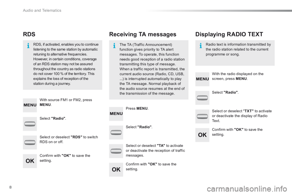 Peugeot 301 2015  Owners Manual  Audio and Telematics 
8
  Select   "Radio" .  
  Select   "Radio" .  
  Select   "Radio" .  
  Select or deselect  "RDS"  to switch RDS on or off.  
  Select or deselect " TXT"  to activate or deacti
