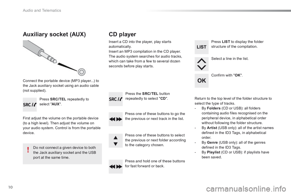 Peugeot 301 2015 Owners Manual Audio and Telematics
10
Press the SRC/TEL button repeatedly to select " CD ".
Press one of these buttons to go the the previous or next track in the list.
Press and hold one of these Peugeot 301 2015 Owners Manual Audio and Telematics
10
Press the SRC/TEL button repeatedly to select " CD ".
Press one of these buttons to go the the previous or next track in the list.
Press and hold one of these