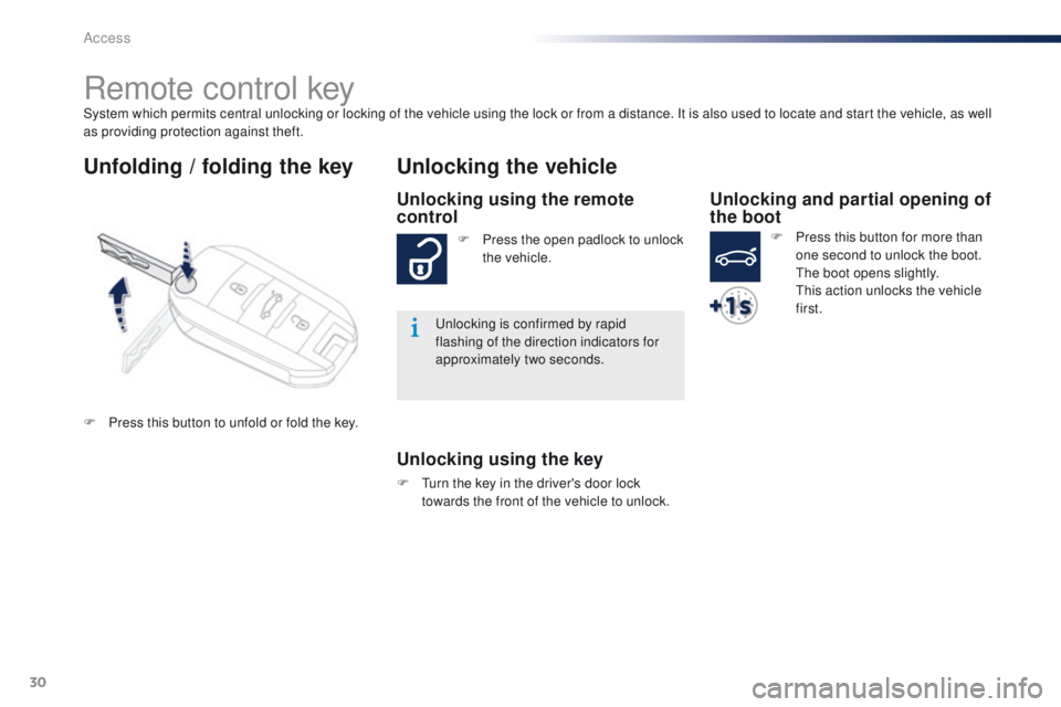 Peugeot 301 2015  Owners Manual 30
301_en_Chap02_ouvertures_ed01-2014
System which permits central unlocking or locking of the vehicle using the lock or from a distance. It is also used to locate and start the vehicle, as well 
as p