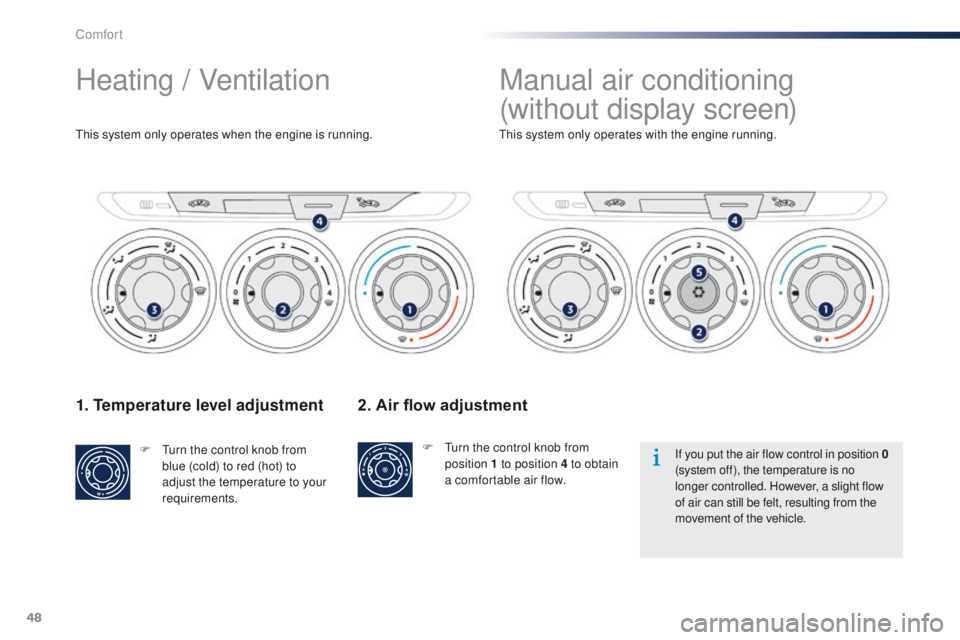 Peugeot 301 2015 Service Manual 48
301_en_Chap03_confort_ed01-2014
1. Temperature level adjustment
F Turn the control knob from blue (cold) to red (hot) to 
adjust the temperature to your 
requirements. This system only operates wit