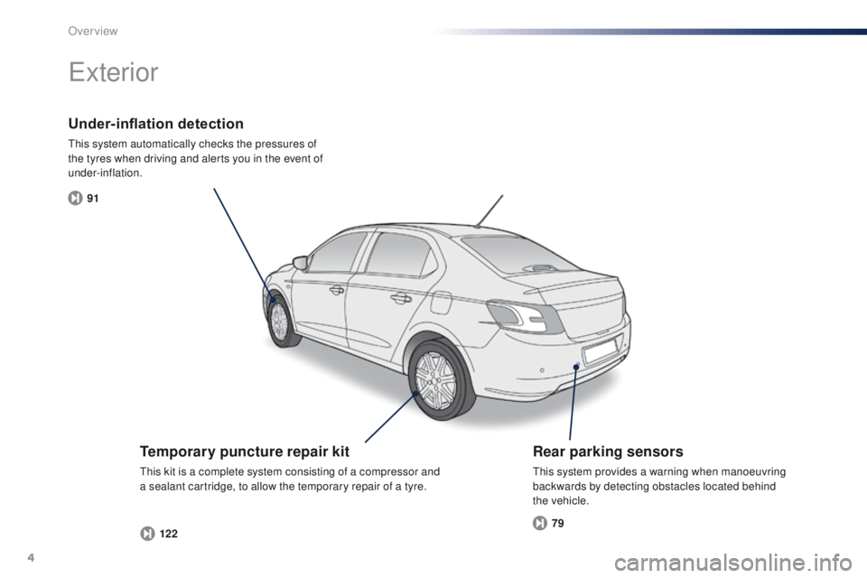 Peugeot 301 2015  Owners Manual 4
91122 79
301_en_Chap00b_vue-ensemble_ed01-2014
Under-inflation detection
This system automatically checks the pressures of 
the tyres when driving and alerts you in the event of 
under-inflation.
Ex