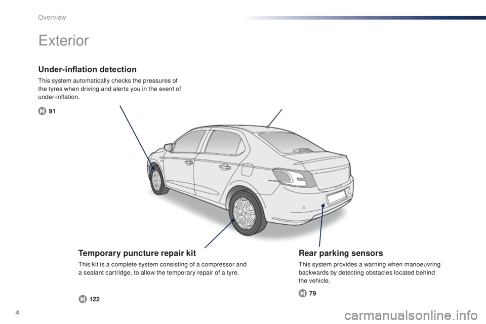 Peugeot 301 2015 Owners Manual 4
91122 79
301_en_Chap00b_vue-ensemble_ed01-2014
Under-inflation detection
This system automatically checks the pressures of
the tyres when driving and alerts you in the event of
under-inflation.
Ex Peugeot 301 2015 Owners Manual 4
91122 79
301_en_Chap00b_vue-ensemble_ed01-2014
Under-inflation detection
This system automatically checks the pressures of
the tyres when driving and alerts you in the event of
under-inflation.
Ex