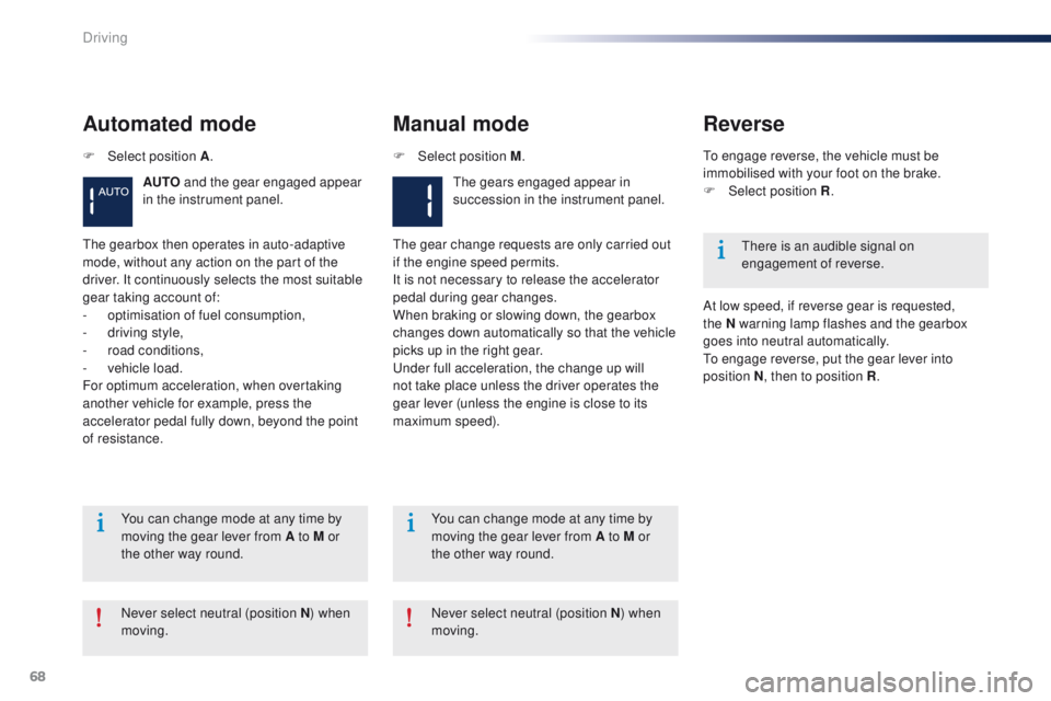 Peugeot 301 2015  Owners Manual 68
301_en_Chap05_conduite_ed01-2014
Automated mode
AUTO and the gear engaged appear 
in the instrument panel.
Manual mode
The gears engaged appear in 
succession in the instrument panel.
The gearbox t