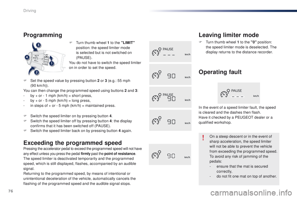 Peugeot 301 2015 Manual PDF 76
301_en_Chap05_conduite_ed01-2014
F Turn thumb wheel 1 to the "LIMIT" 
position: the speed limiter mode 
is selected but is not switched on 
(PAUS E).
You do not have to switch the speed lim