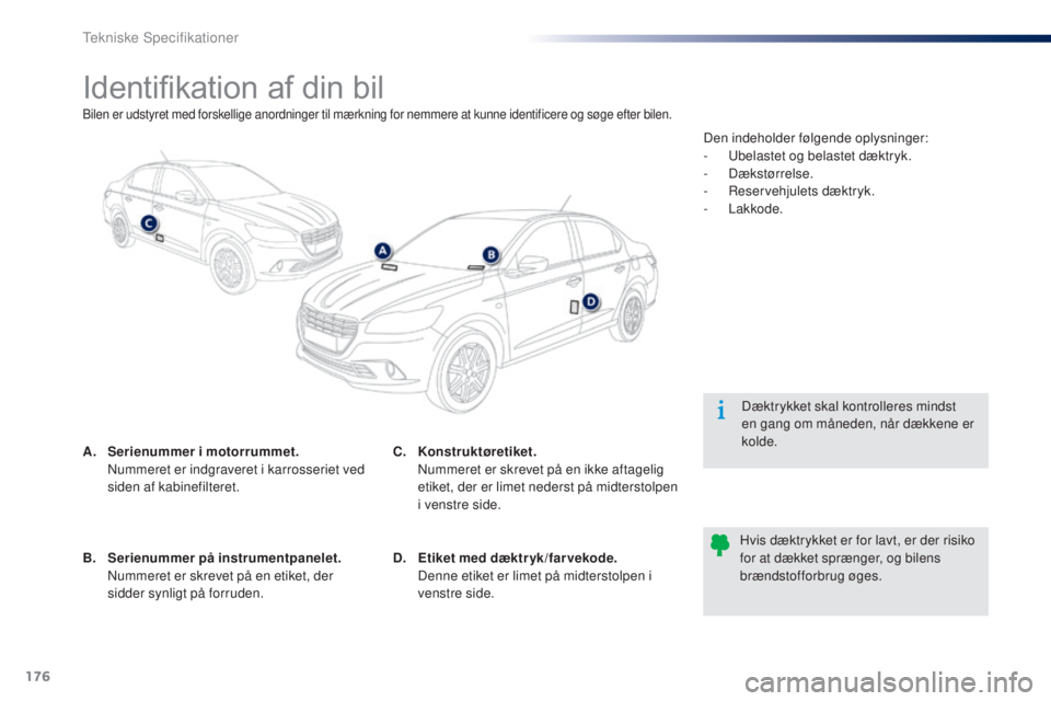 Peugeot 301 2015 Instruktionsbog (in Danish) 176
301_da_Chap11_caracteristiques-techniques_ed01-2014
Identifikation af din bil
A. Serienummer i motorrummet. N
ummeret er indgraveret i karrosseriet ved
siden af kabinefilteret. Dæktrykket skal Peugeot 301 2015 Instruktionsbog (in Danish) 176
301_da_Chap11_caracteristiques-techniques_ed01-2014
Identifikation af din bil
A. Serienummer i motorrummet. N
ummeret er indgraveret i karrosseriet ved
siden af kabinefilteret. Dæktrykket skal
