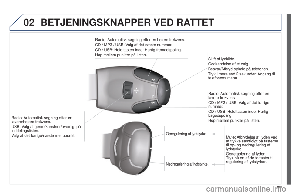 Peugeot 301 2015 Instruktionsbog (in Danish) 02
179
301_da_Chap12a_RD5(RD45)_ed01-2014
BETJENINGSKNAPPER VED RATTET
Radio: Automatisk søgning efter en højere frekvens.
CD / MP3 / USB: Valg af det næste nummer.
CD / USB: Hold tasten inde: Hur Peugeot 301 2015 Instruktionsbog (in Danish) 02
179
301_da_Chap12a_RD5(RD45)_ed01-2014
BETJENINGSKNAPPER VED RATTET
Radio: Automatisk søgning efter en højere frekvens.
CD / MP3 / USB: Valg af det næste nummer.
CD / USB: Hold tasten inde: Hur