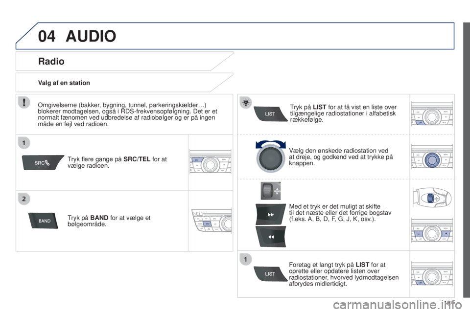 Peugeot 301 2015  Instruktionsbog (in Danish) 04
181
301_da_Chap12a_RD5(RD45)_ed01-2014
AUDIO
Tryk flere gange på SRC/TEL for at 
vælge radioen.
Tryk på BAND for at vælge et 
bølgeområde.Tryk på LIST
 for at få vist en liste over 
tilgæn