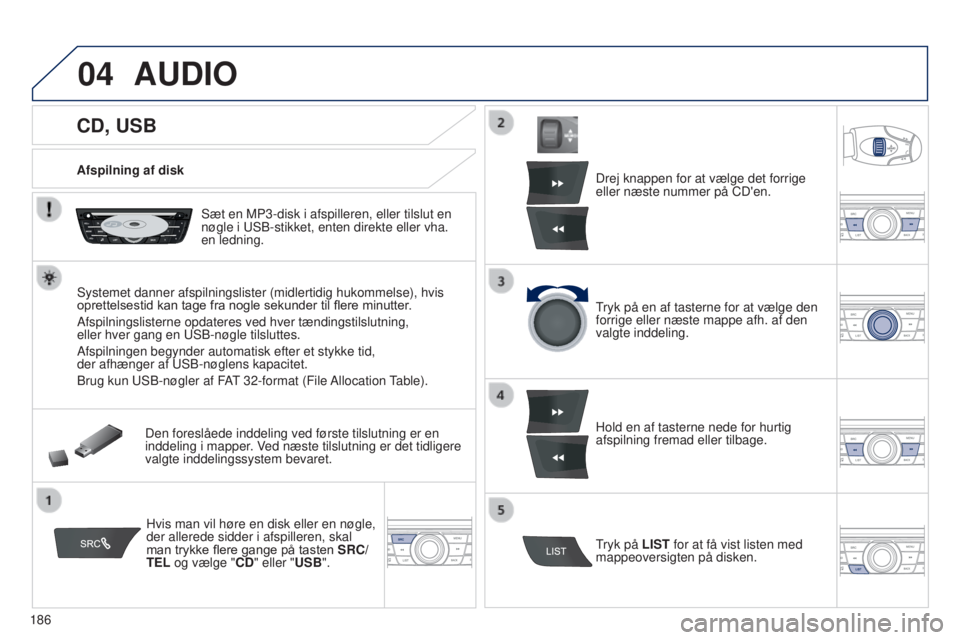 Peugeot 301 2015  Instruktionsbog (in Danish) 04
186
301_da_Chap12a_RD5(RD45)_ed01-2014
CD, USB
AUDIO
Afspilning af diskSæt en MP3-disk i afspilleren, eller tilslut en 
nøgle i USB-stikket, enten direkte eller vha.  
en ledning.
Systemet danner