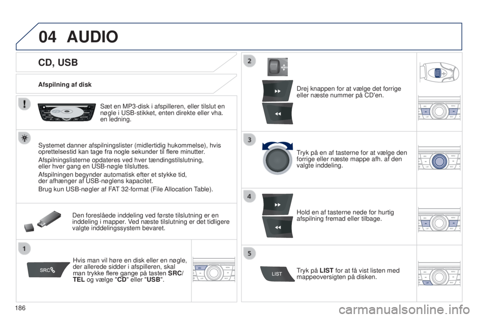 Peugeot 301 2015 Instruktionsbog (in Danish) 04
186
301_da_Chap12a_RD5(RD45)_ed01-2014
CD, USB
AUDIO
Afspilning af diskSæt en MP3-disk i afspilleren, eller tilslut en
nøgle i USB-stikket, enten direkte eller vha.
en ledning.
Systemet danner Peugeot 301 2015 Instruktionsbog (in Danish) 04
186
301_da_Chap12a_RD5(RD45)_ed01-2014
CD, USB
AUDIO
Afspilning af diskSæt en MP3-disk i afspilleren, eller tilslut en
nøgle i USB-stikket, enten direkte eller vha.
en ledning.
Systemet danner