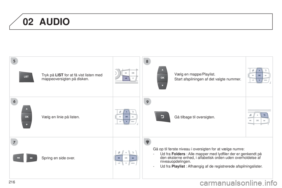 Peugeot 301 2015 Instruktionsbog (in Danish) 02
216
301_da_Chap12b_RDE1_ed01-2014
Vælg en linie på listen.
Spring en side over.Gå tilbage til oversigten. Vælg en mappe/Playlist.
Start afspilningen af det valgte nummer.
Gå op til første niv Peugeot 301 2015 Instruktionsbog (in Danish) 02
216
301_da_Chap12b_RDE1_ed01-2014
Vælg en linie på listen.
Spring en side over.Gå tilbage til oversigten. Vælg en mappe/Playlist.
Start afspilningen af det valgte nummer.
Gå op til første niv